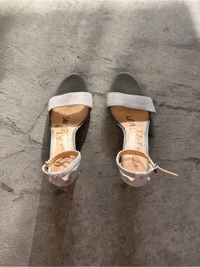 Sam Edelman Two-Tone Open-Toe Ankle Strap Heels in Gray and Light Gray